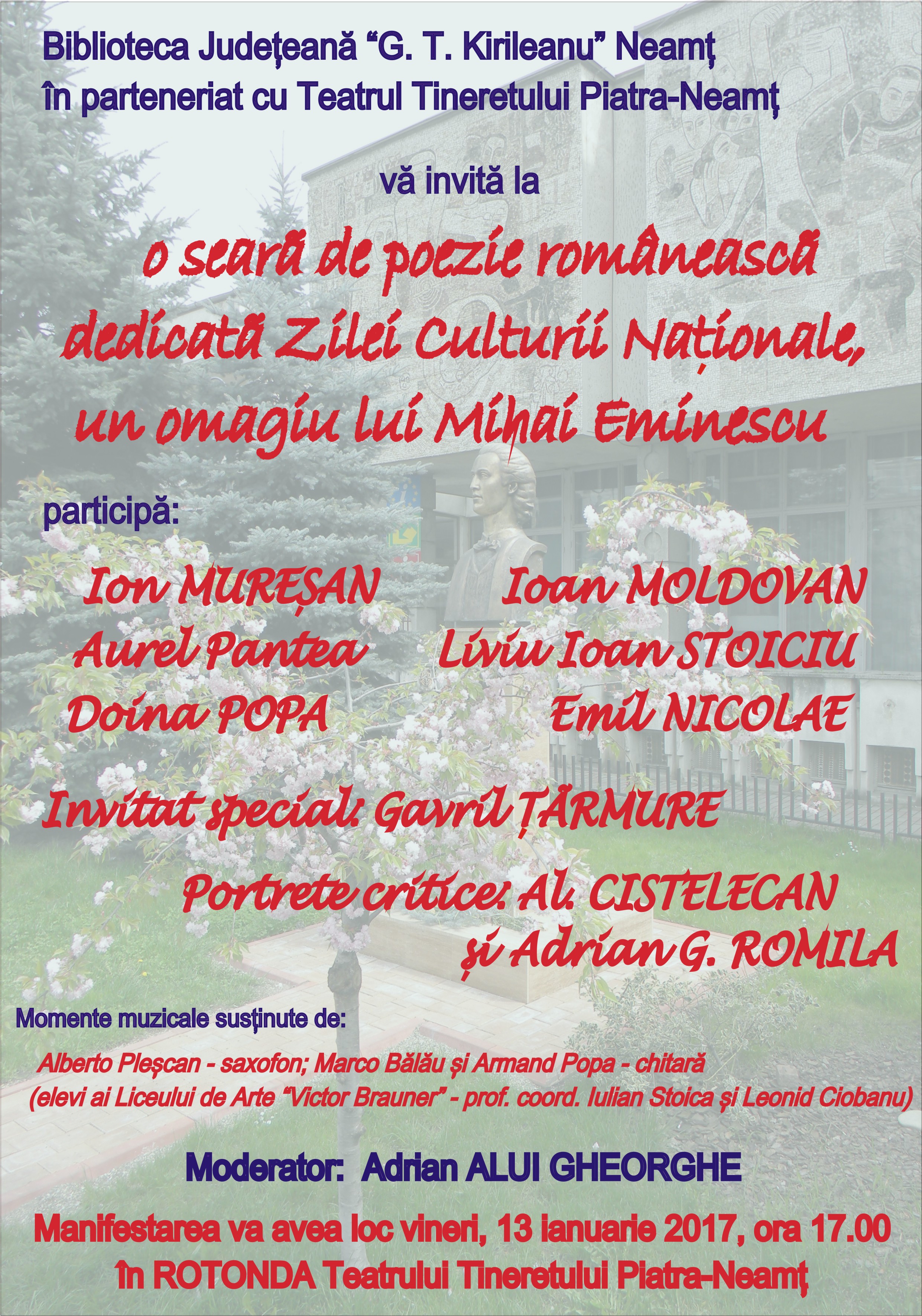 Seară de poezie românească, dedicată Zilei Culturii Naționale, un omagiu lui Mihai Eminescu